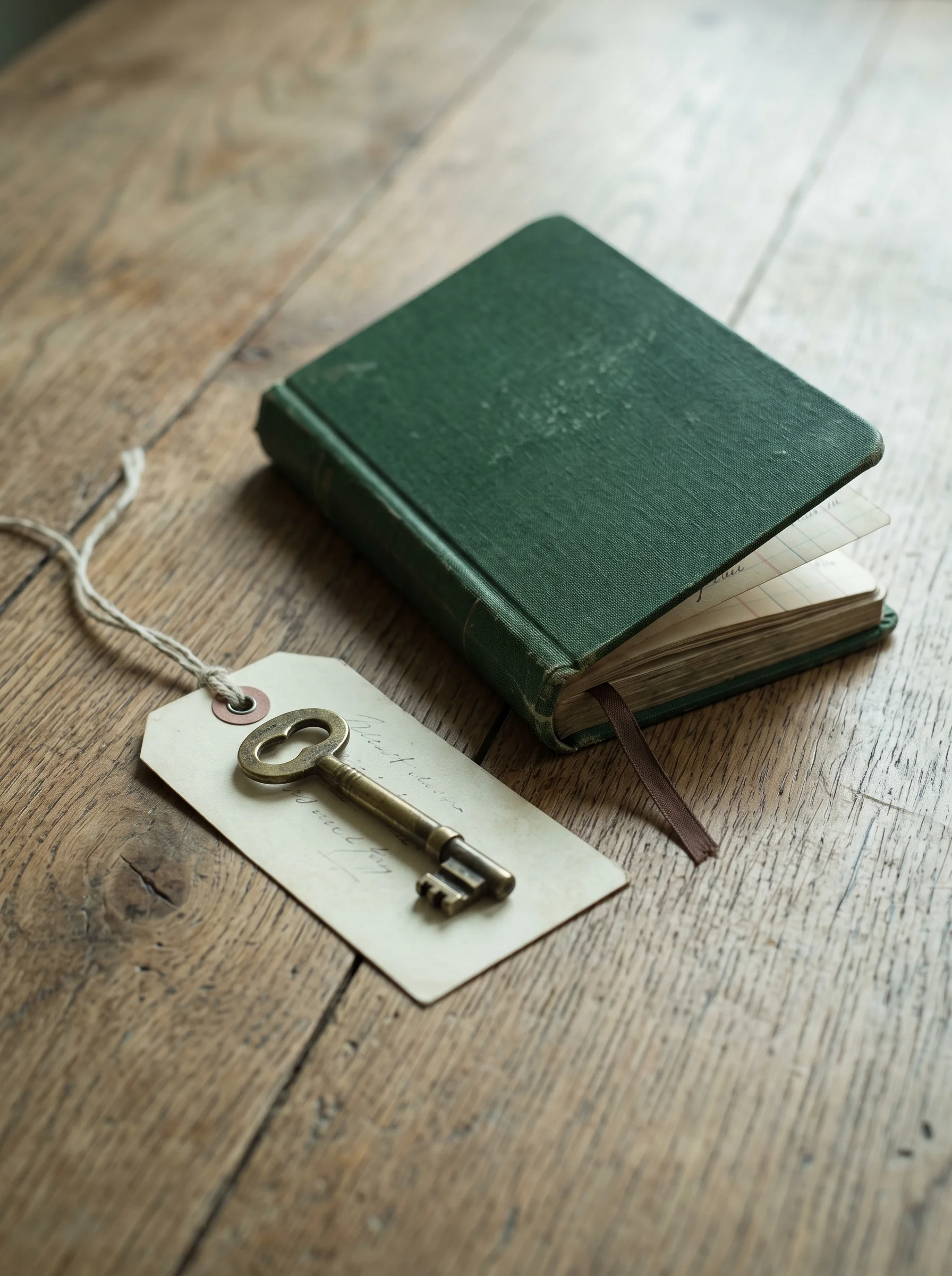A brass house key on a numbered paper tag lying on a worn oak table next to a small ledger book