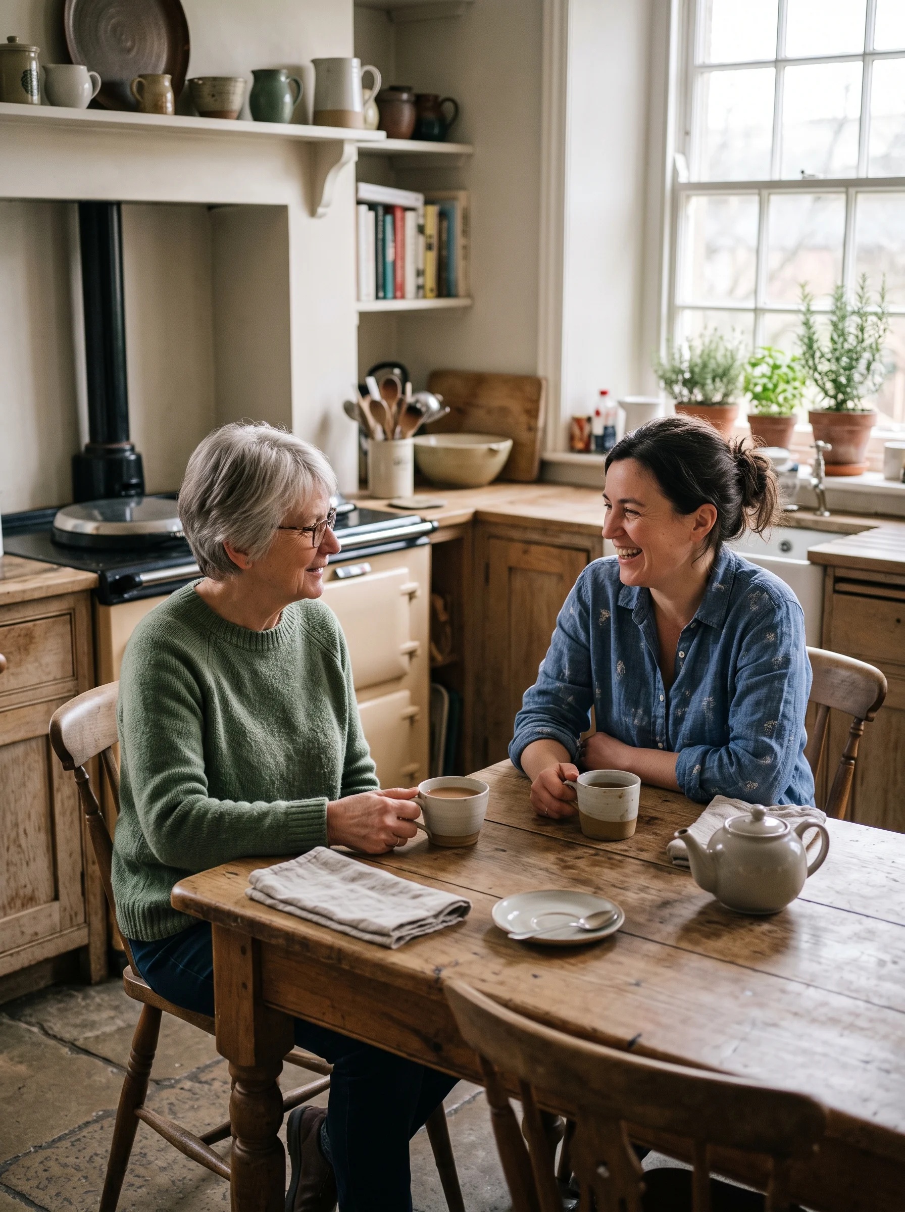 Two women talking over mugs of tea at a wooden kitchen table.