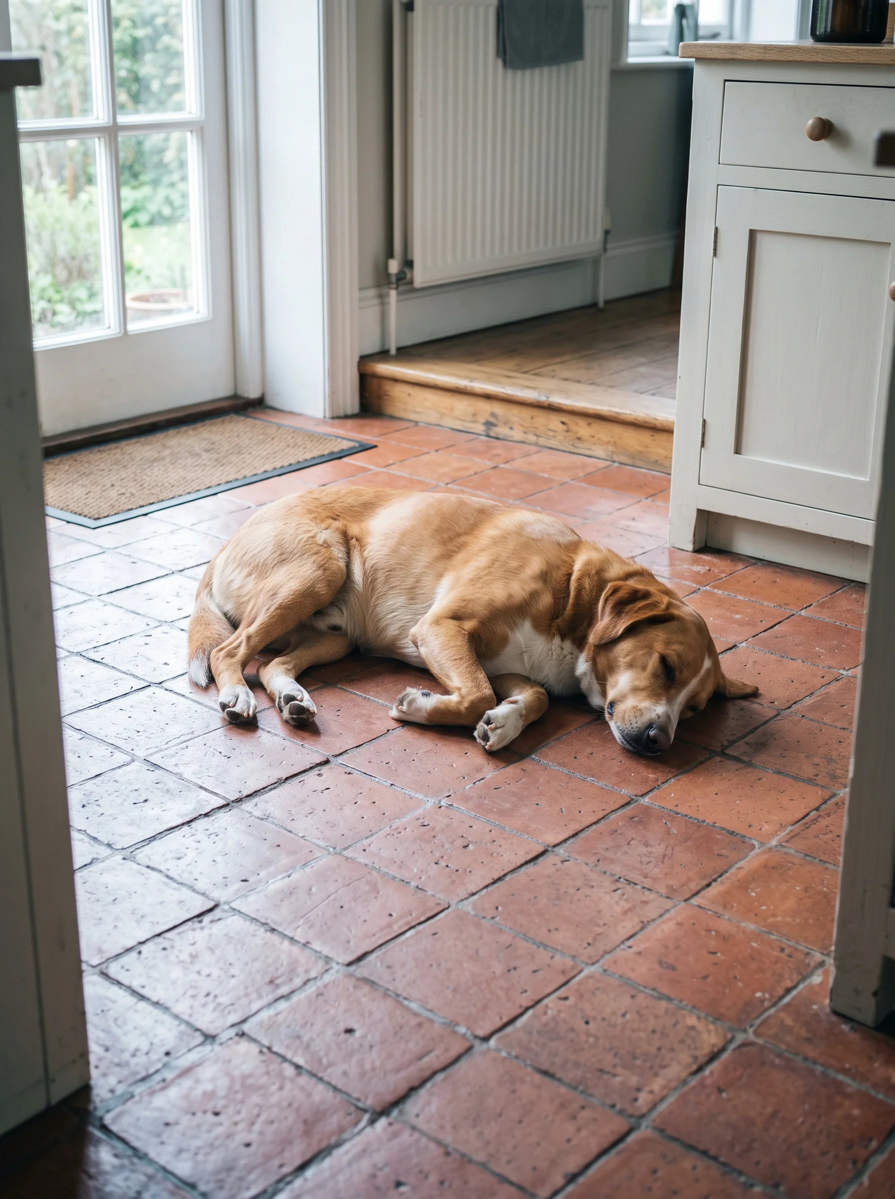 A dog lying contentedly on a freshly mopped quarry-tile kitchen floor in morning light