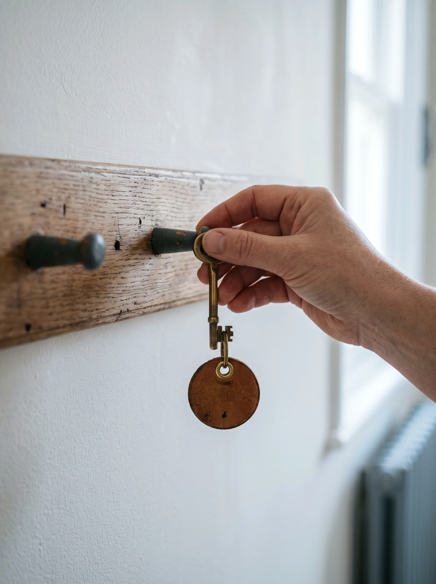 A hand hanging a brass key on a numbered paper tag onto a wooden hook by a door