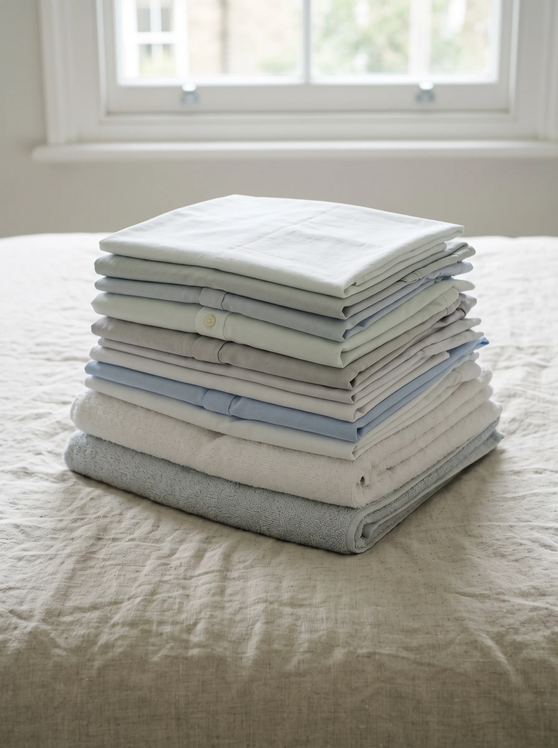 Neatly pressed and folded ironing stacked on a linen-covered bed in soft daylight