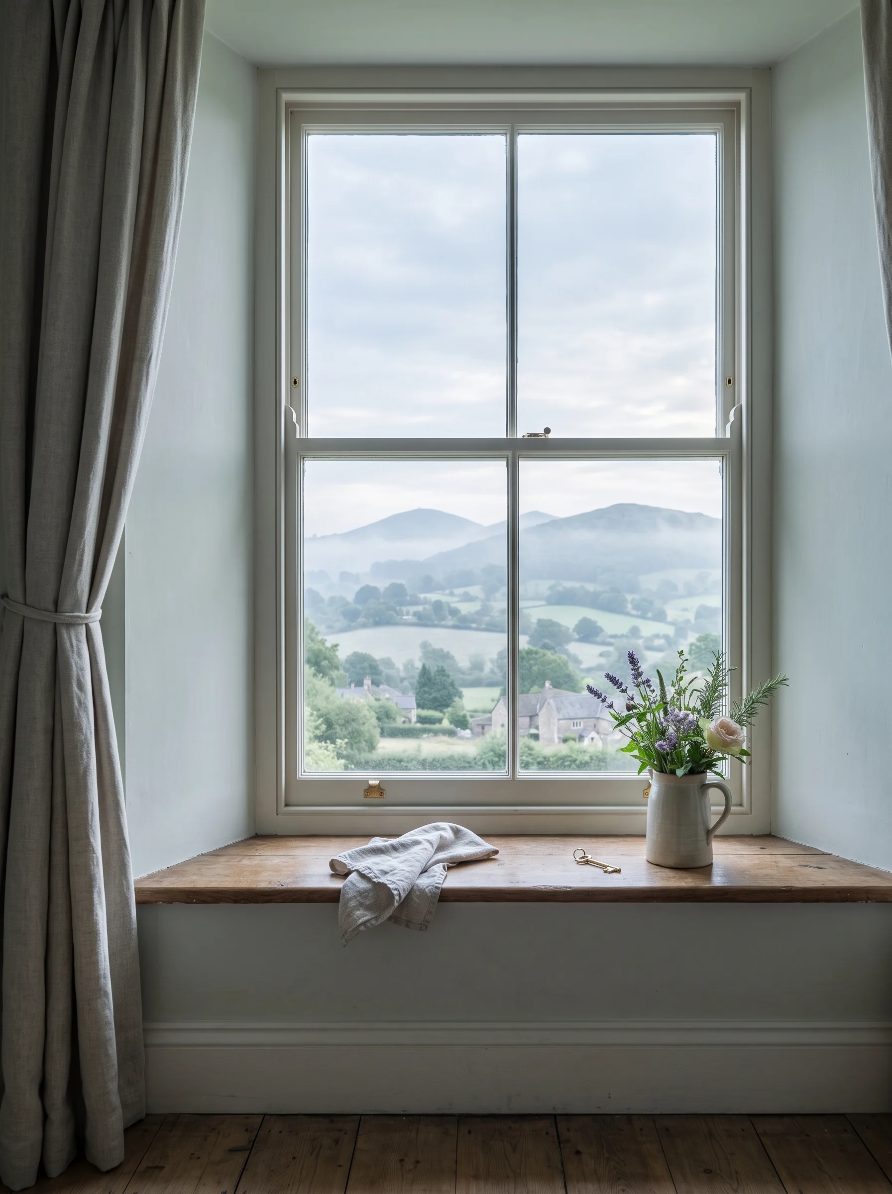 The Malvern Hills in soft mist, seen through a clean sash window from inside a quiet room