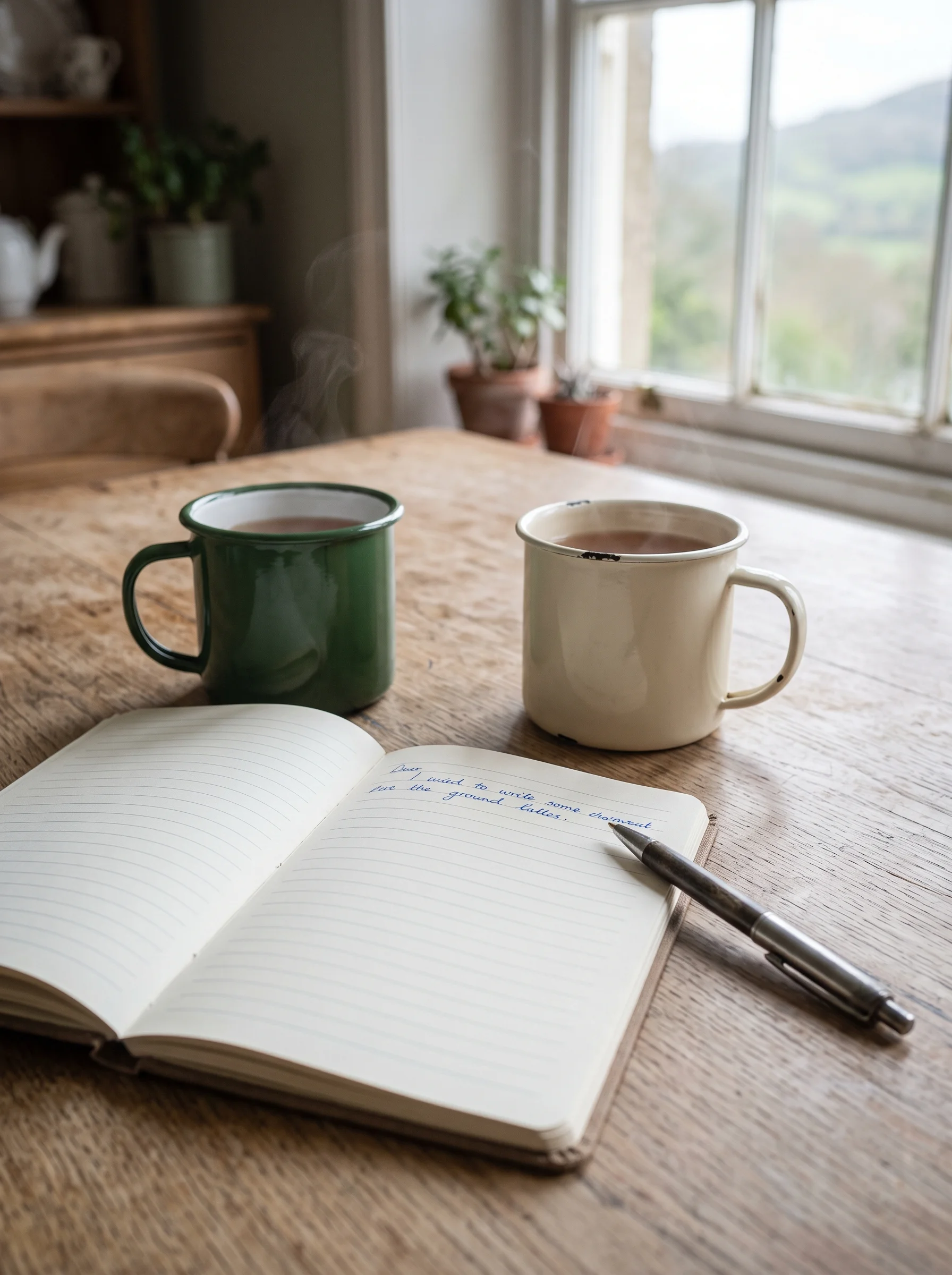 Two mugs of tea beside an open ruled notebook and pen on a scrubbed oak kitchen table