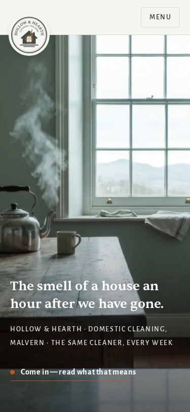 Hollow & Hearth home page on a phone
